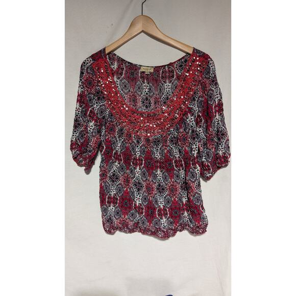 One World Women's 3/4 Sleeve Blouse Sz 1X Sequin Red Black Geometric Boho Artsy - Picture 1 of 8
